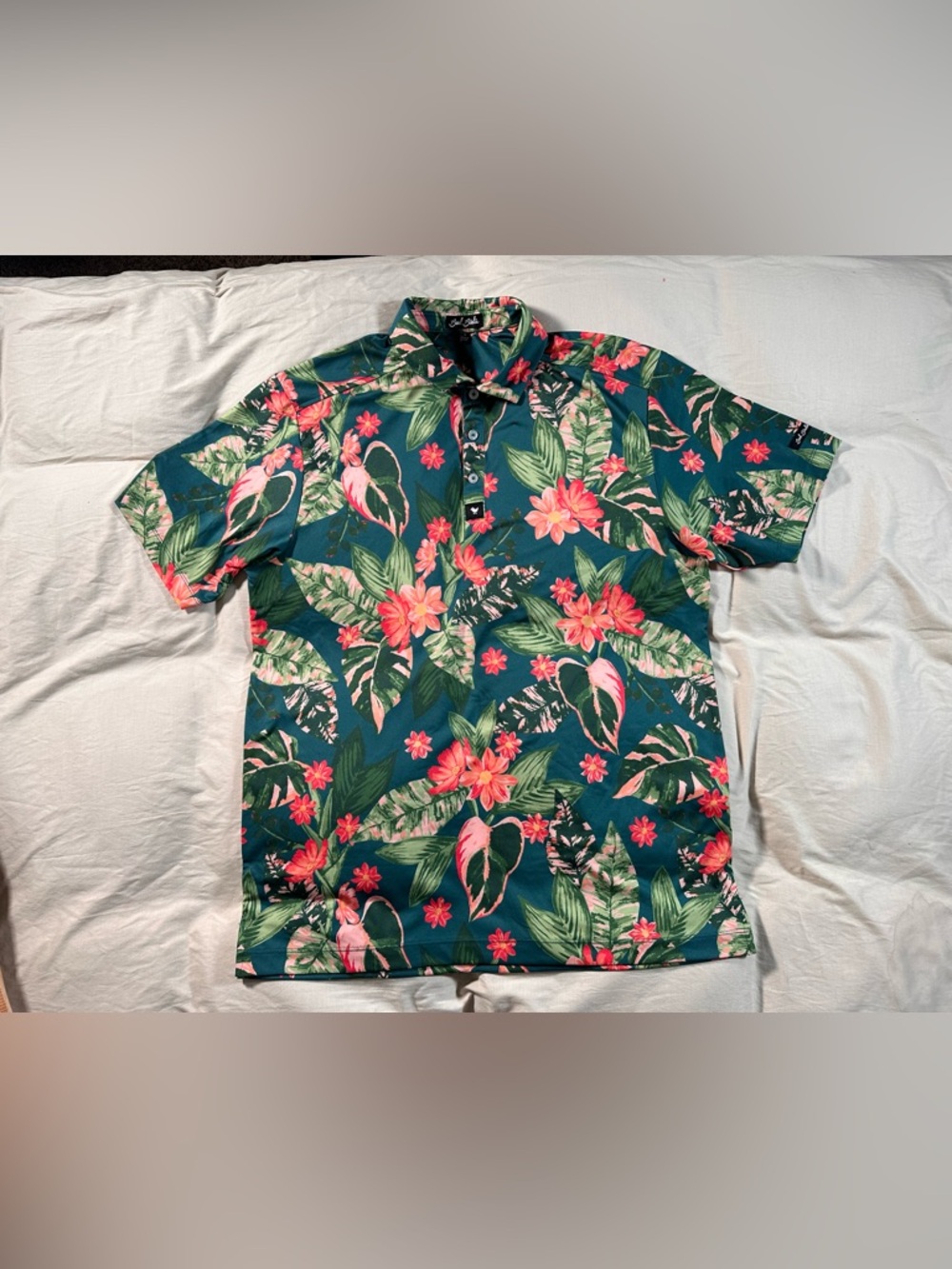 Bad Birdie Golf Polo Shirt Large Stretch Hawaiian All Over Print AOP Floral EUC